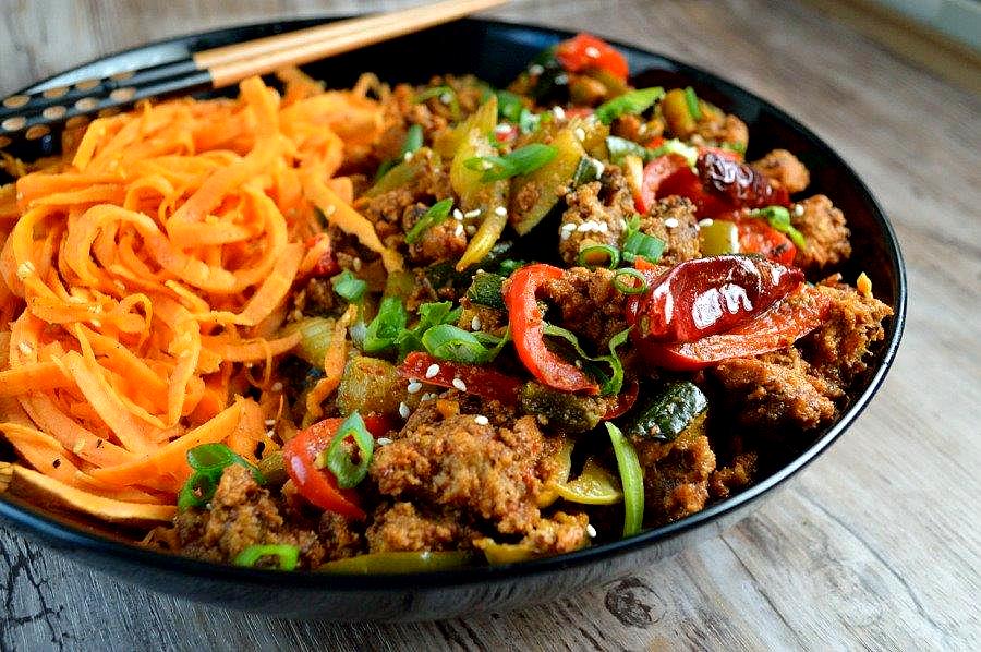 vegan-kung-pao-chicken-with-healthy-sweet-potato-noodles