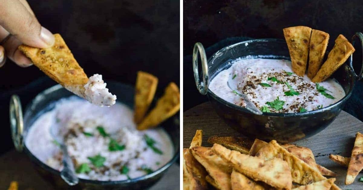 Radish Raita Dip with Curry Spiced Naan Chips Vegan Recipe