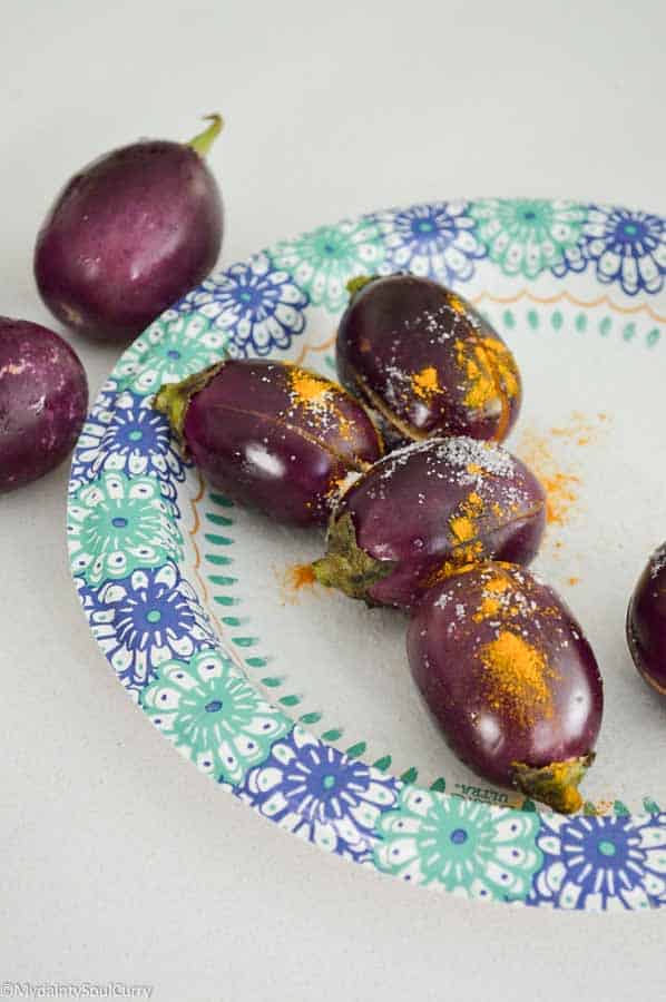 spice stuffed baby eggplant