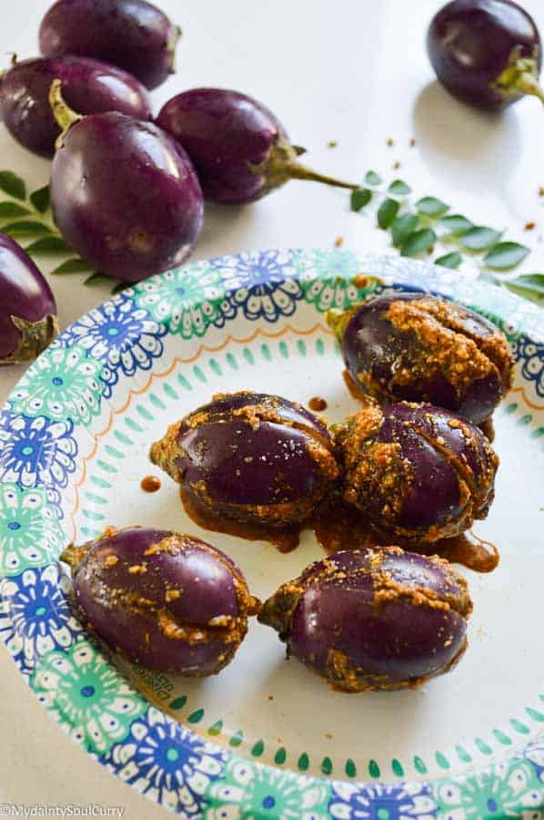 spice stuffed baby eggplant