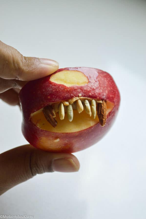 quick vegan Halloween apple monsters