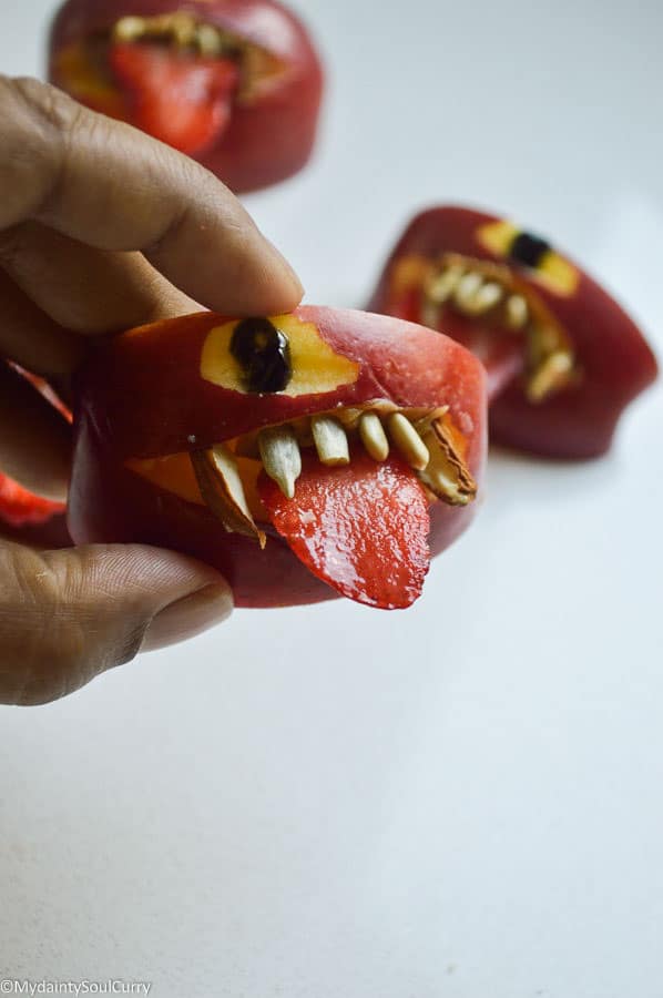 quick vegan Halloween apple monsters