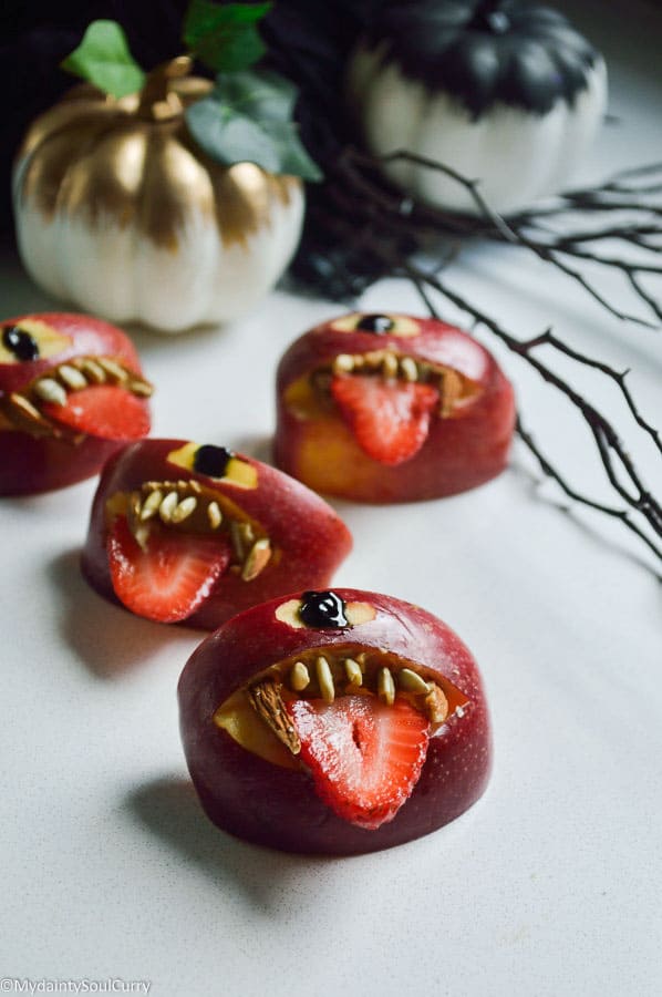 quick vegan Halloween apple monsters