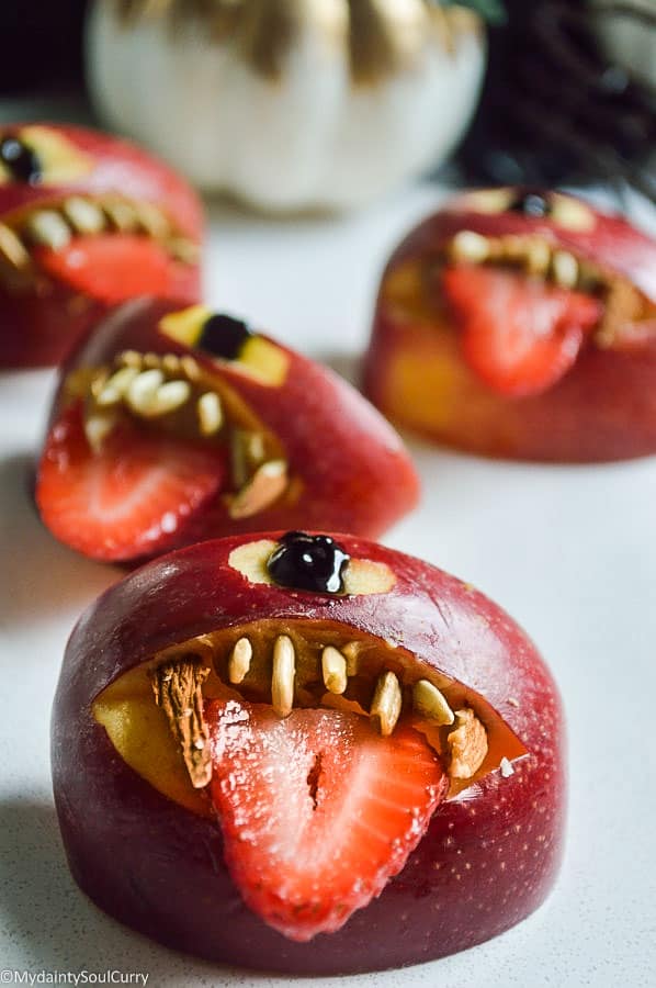 quick vegan Halloween apple monsters