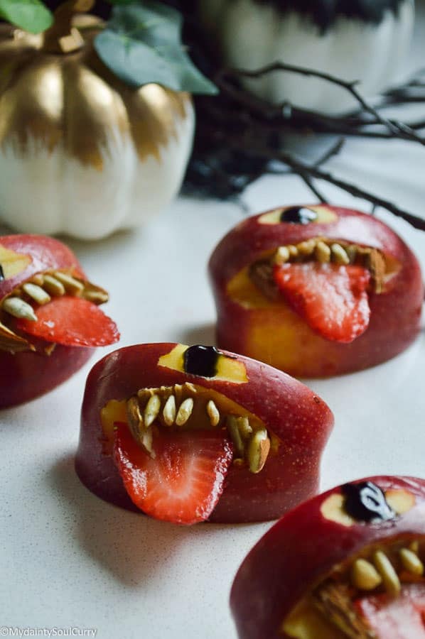 quick vegan Halloween apple monsters