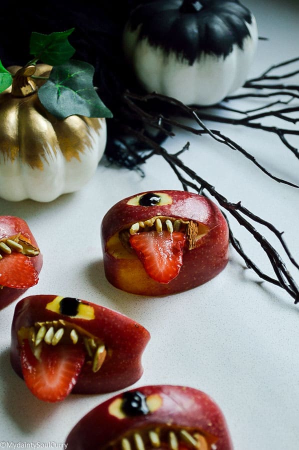 quick vegan Halloween apple monsters