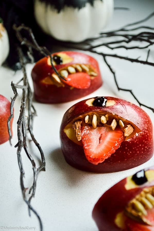 quick vegan Halloween apple monsters