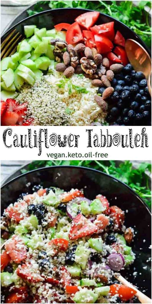 Keto cauliflower tabbouleh ingredients, easy to follow process and a video recipe