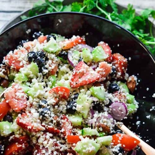 Keto cauliflower tabbouleh ingredients, easy to follow process and a video recipe