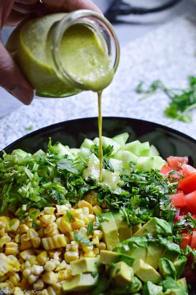 Cucumber corn salad with dressing