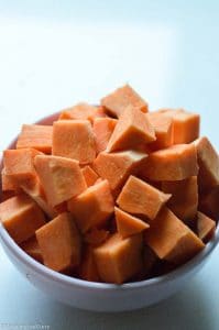 Diced sweet potatoes for the curry