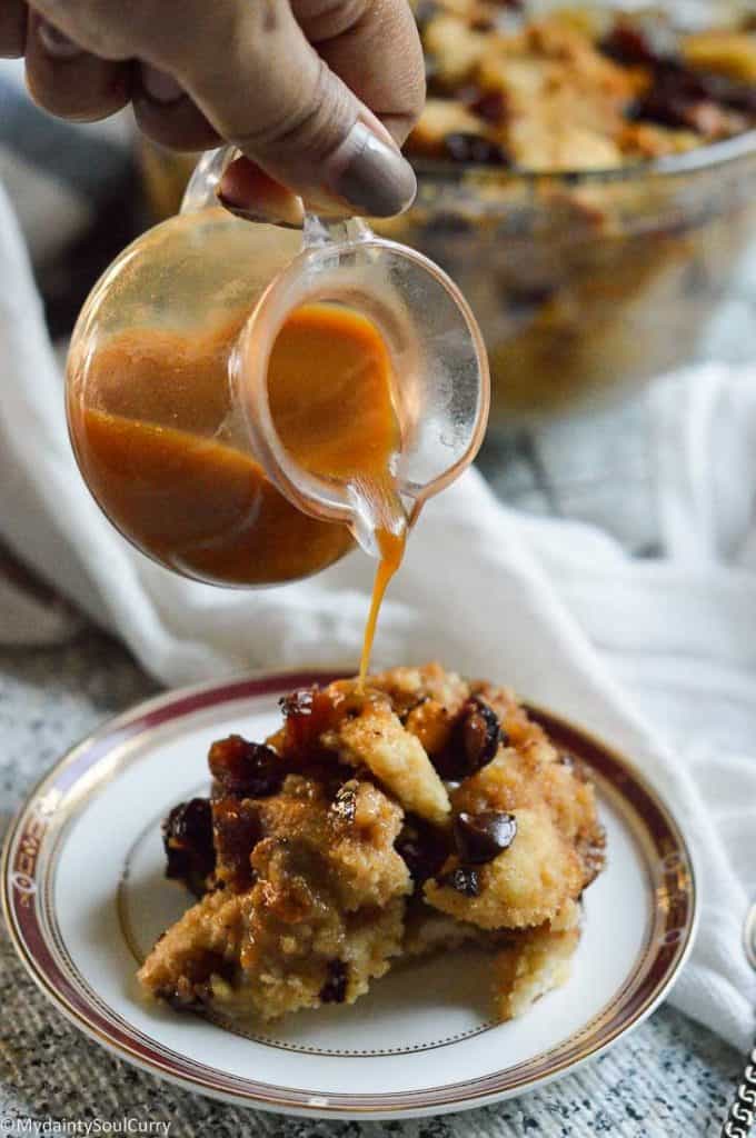 Vegan caramel sauce over pudding