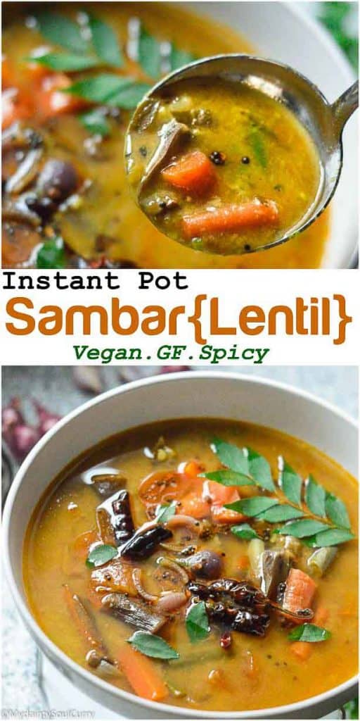 Instant pot vegetable sambar spicy south indian lentil stew