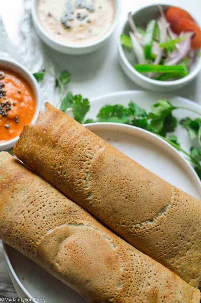 Serve dal dosa with chutney and sambar