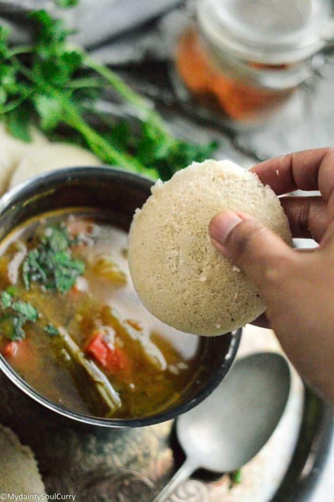 Enjoying quinoa based idli with sambar