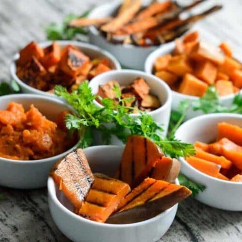 Pumpkin pieces in small white bowls on table