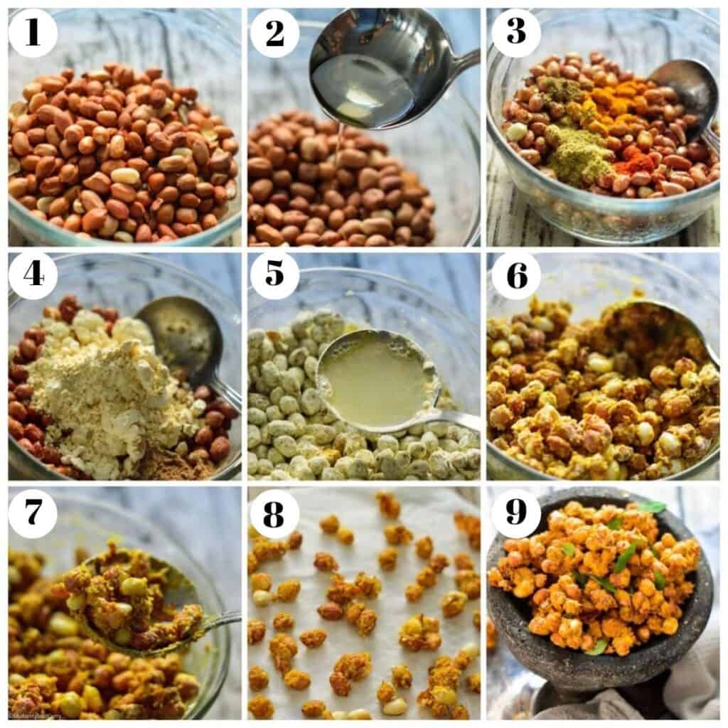 Collage of making air fryer masala peanuts