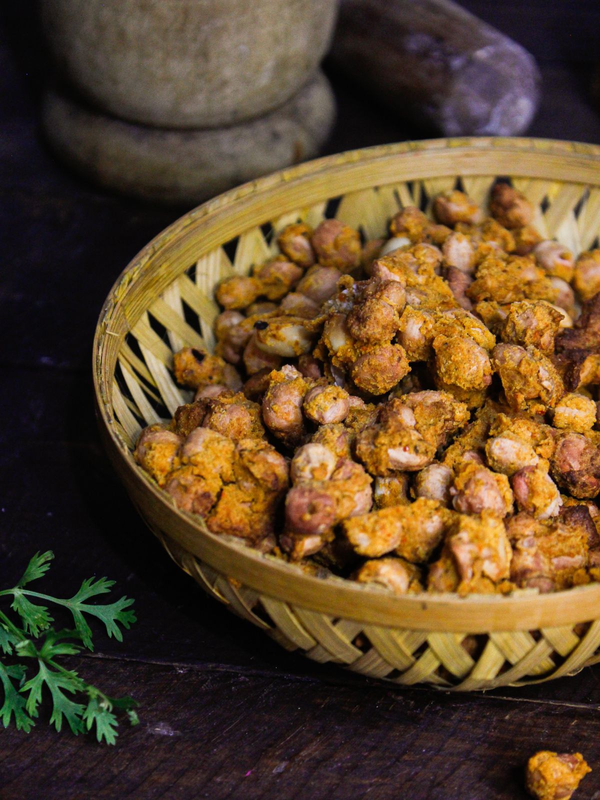 Half basket view of Air Fried Crunchy Masala Peanuts