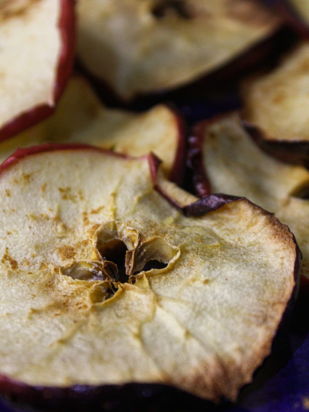 Top zoom on slice of Air Fried Apple Chips