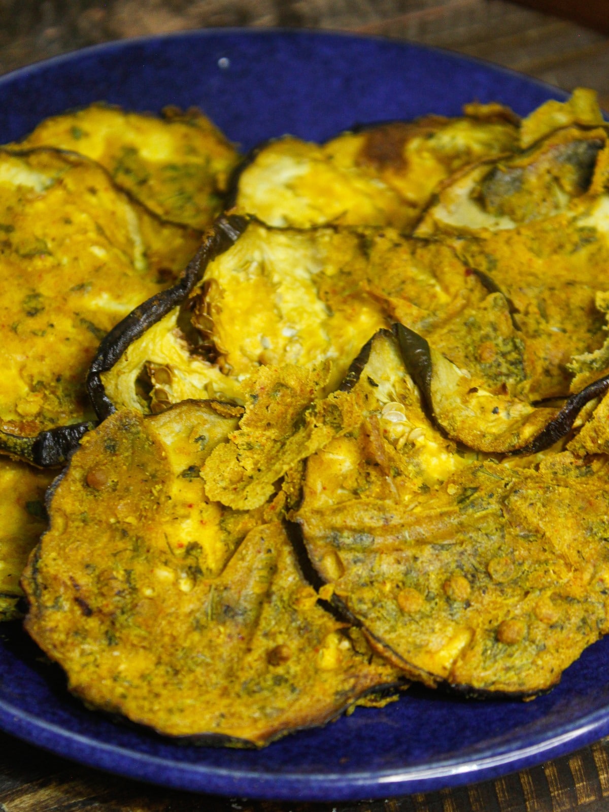 Top zoom in view of Begun Bhaja: Crispy Fried Eggplant