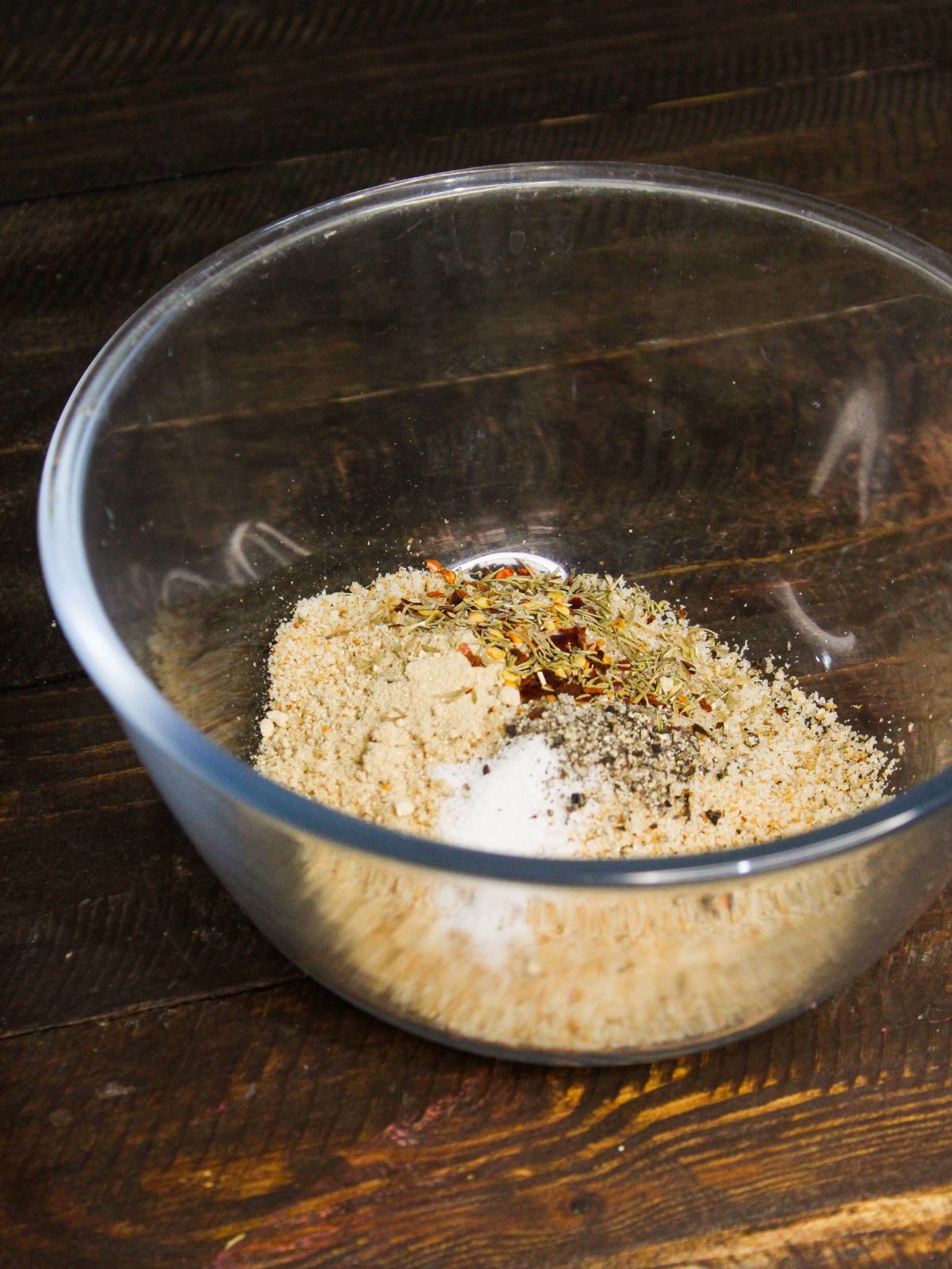 Add breadcrumbs, garlic powder, salt, black pepper powder, mixed herbs in a bowl