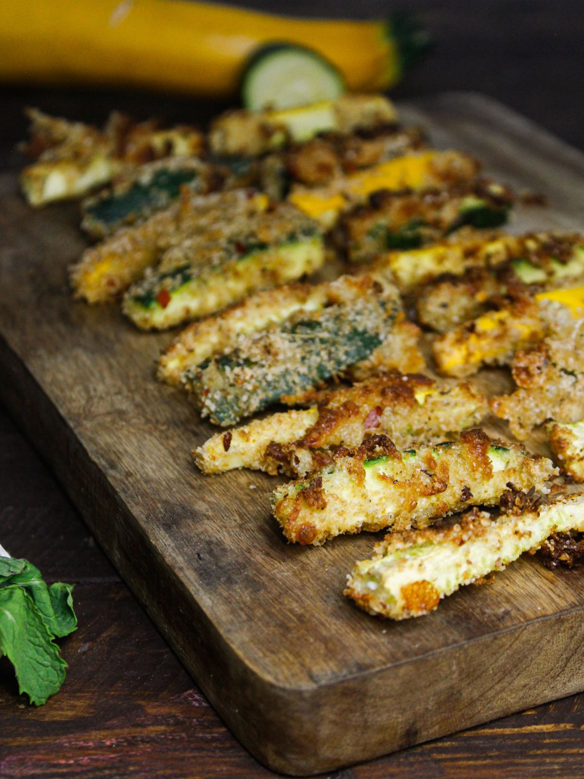 Side view of Zucchini Baton Fries with Chili Mayo Dip