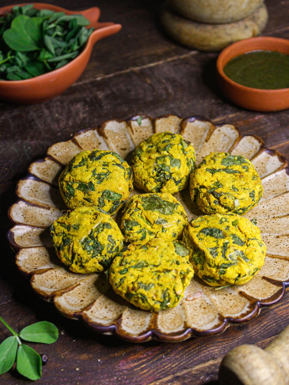 Side top view img of Air Fried Fenugreek Pakoras With Green Chutney