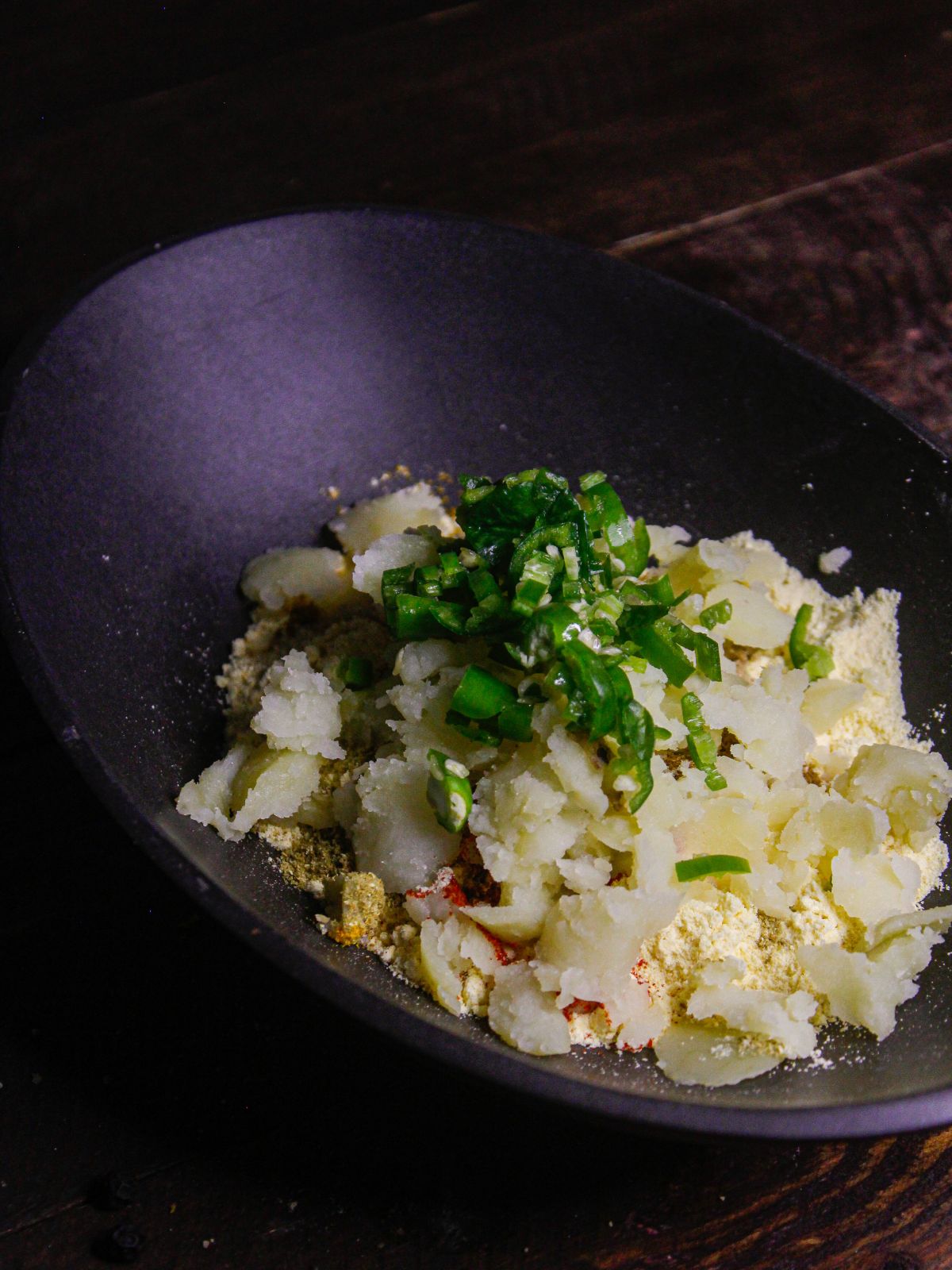 Add chopped green chilies to the bowl