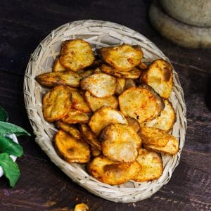 Featured Img of Spicy Sweet Potato Chips with Chili Mayo Dip