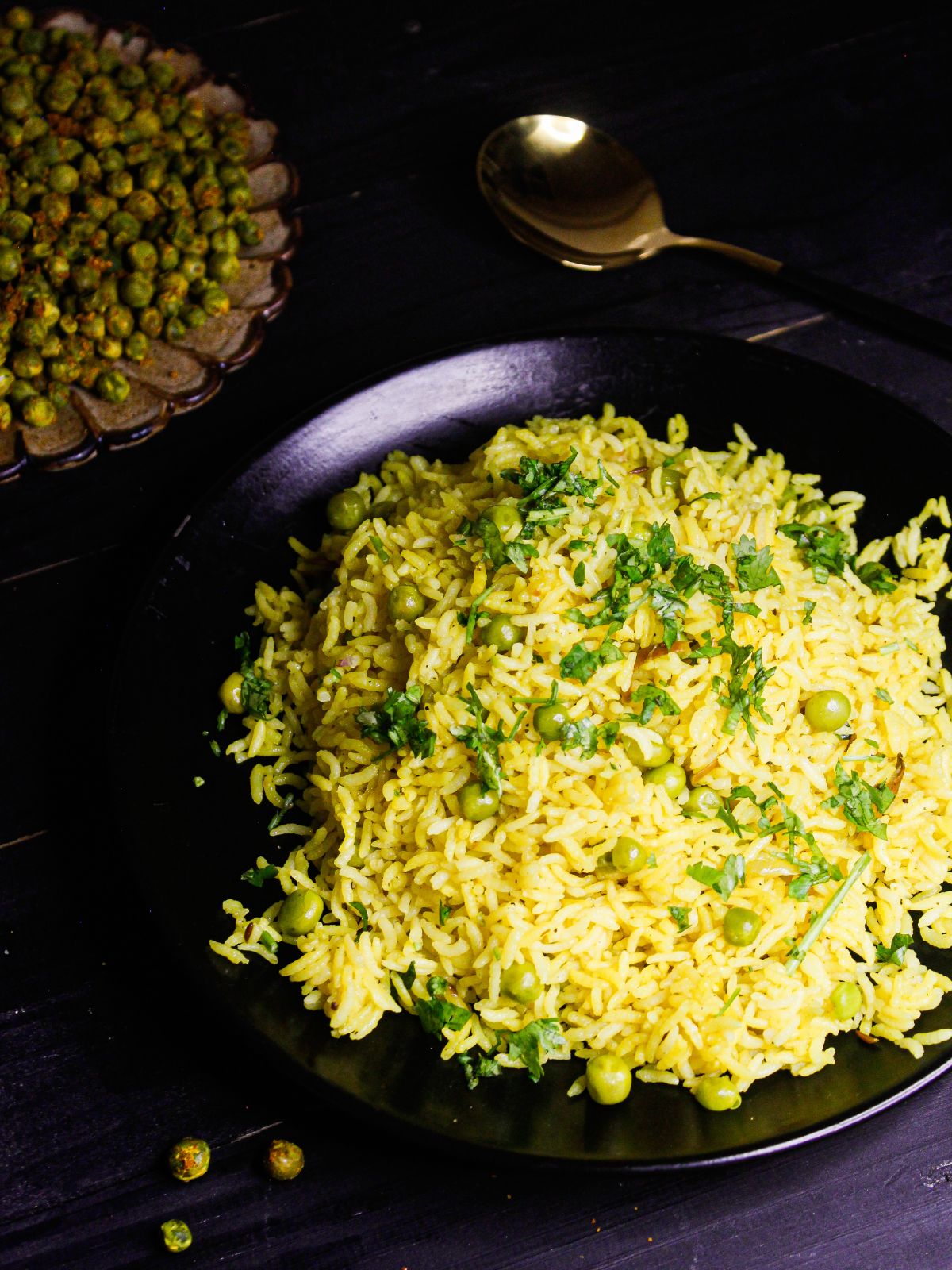 Delicious Instant Pot Peas Pulao served with peas salad in the background