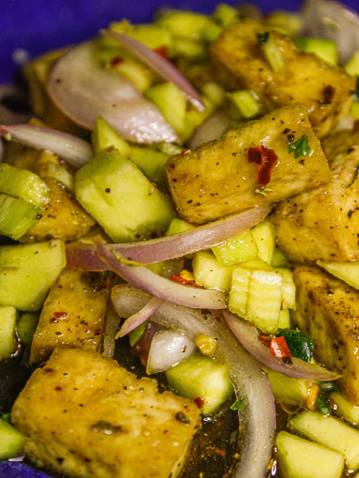 Super zoom in image of Raw Mango Tofu Salad