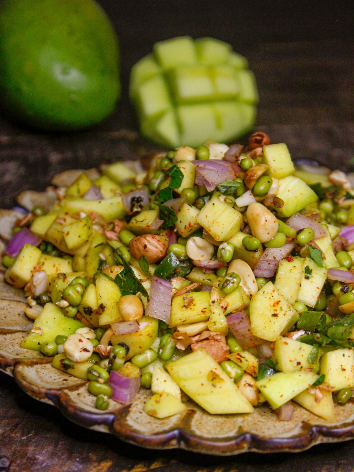 Super zoom in image of South Indian Raw Mango Salad with Sprouts