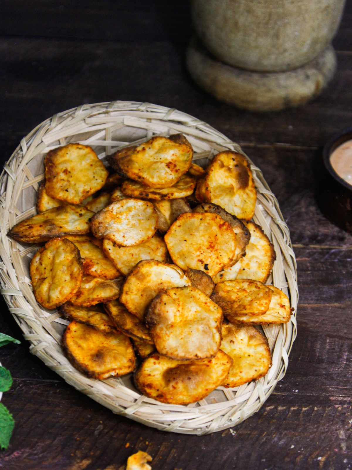 Spicy Sweet Potato Chips With Chili Mayo Dip on a plate