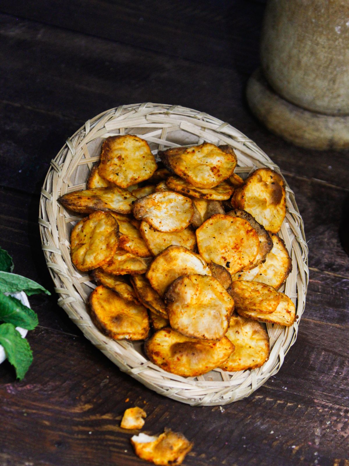 Spicy Sweet Potato Chips With Chili Mayo Dip in a basket