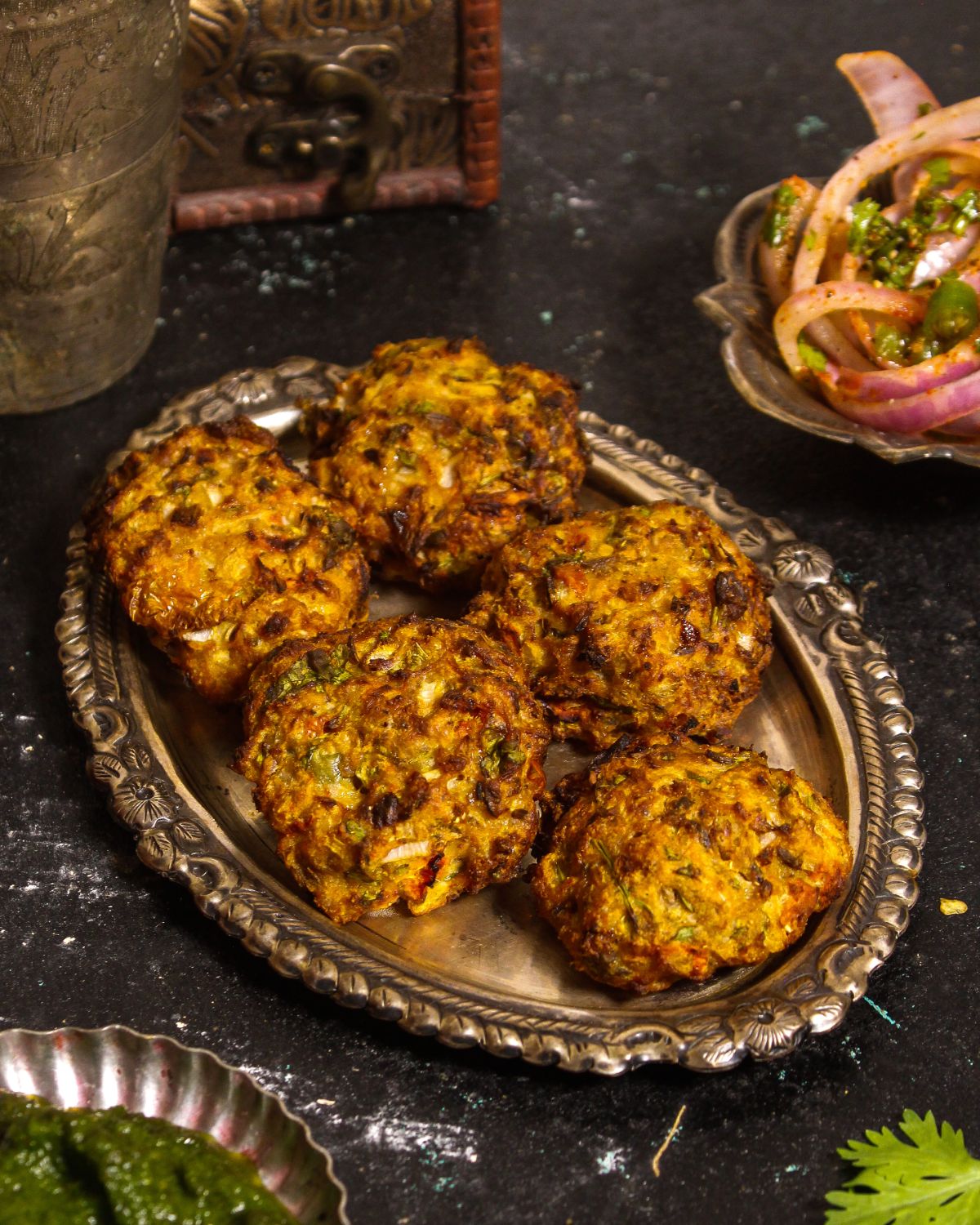 Spicy Air Fried Chapli Kebab with Green Chutney and Salad