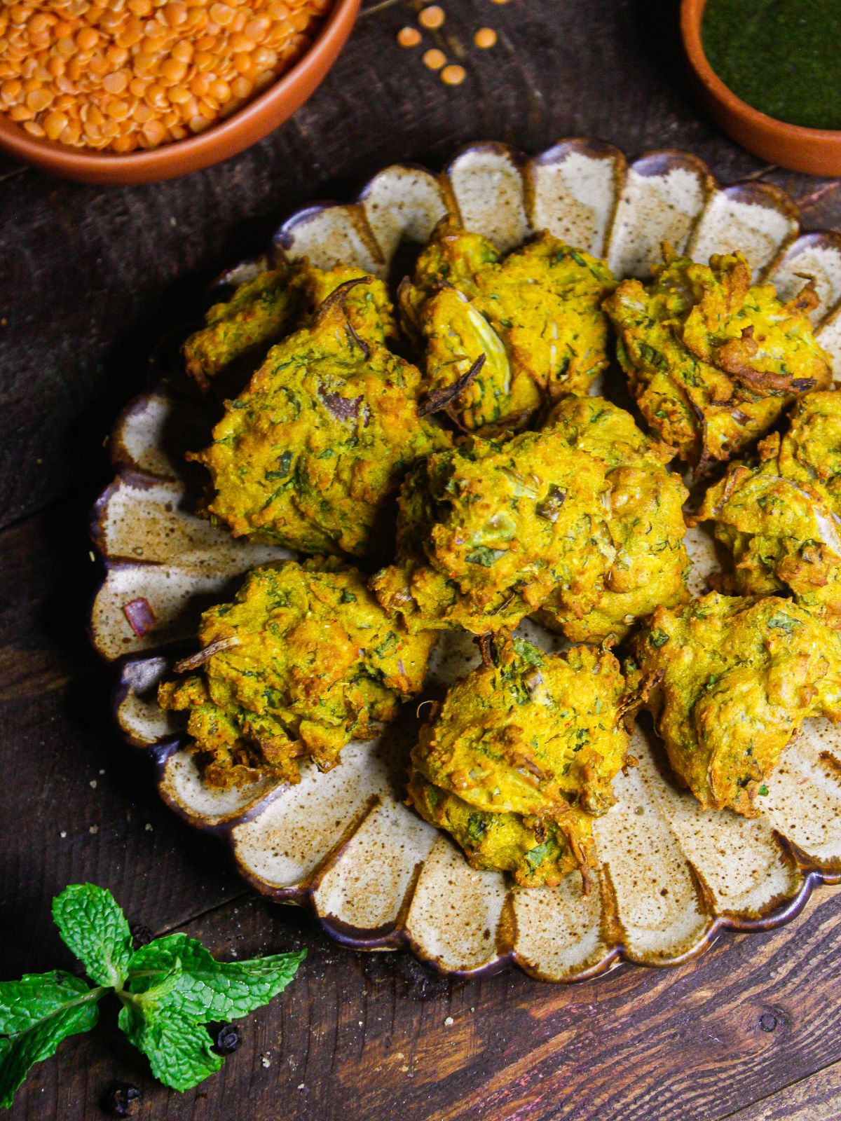 Top view image of Air Fried Lentil Fritters with Tamarind Chutney