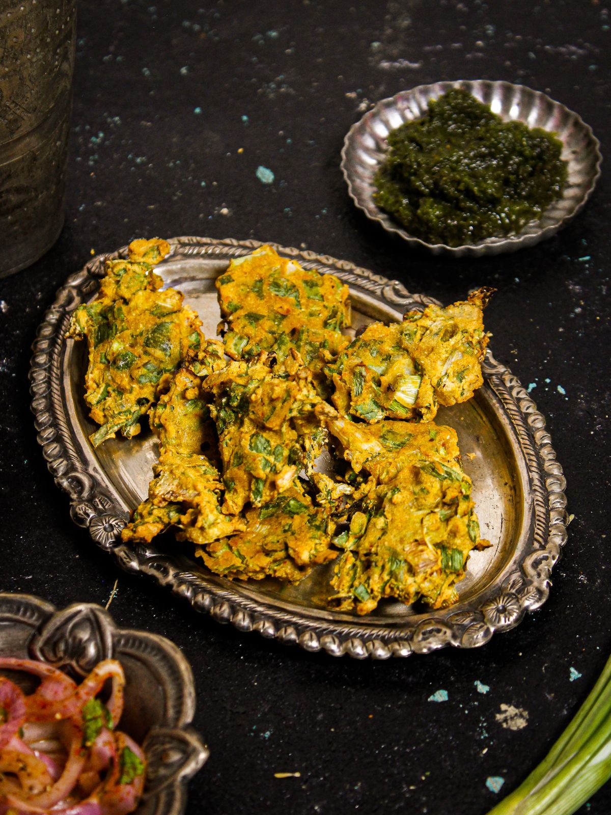 Air Fried Spring Onion Pakoras served with Green Chutney and onion Salad