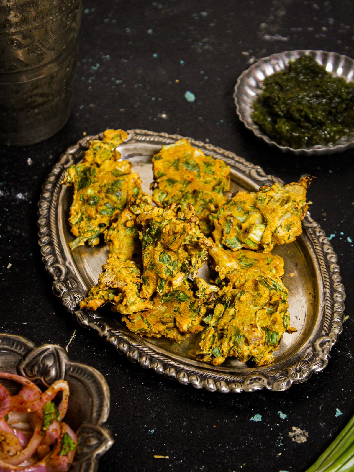 Crispy Air Fried Spring Onion Pakoras with Green Chutney and Salad