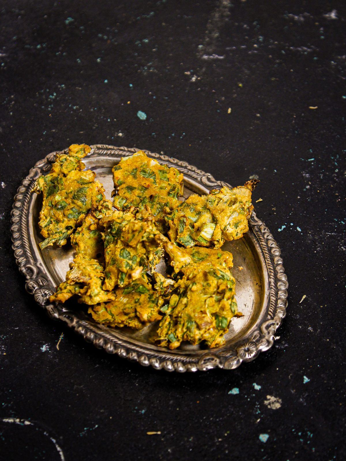 Air Fried Spring Onion Pakoras with Green Chutney and Salad ready to enjoy with tea 