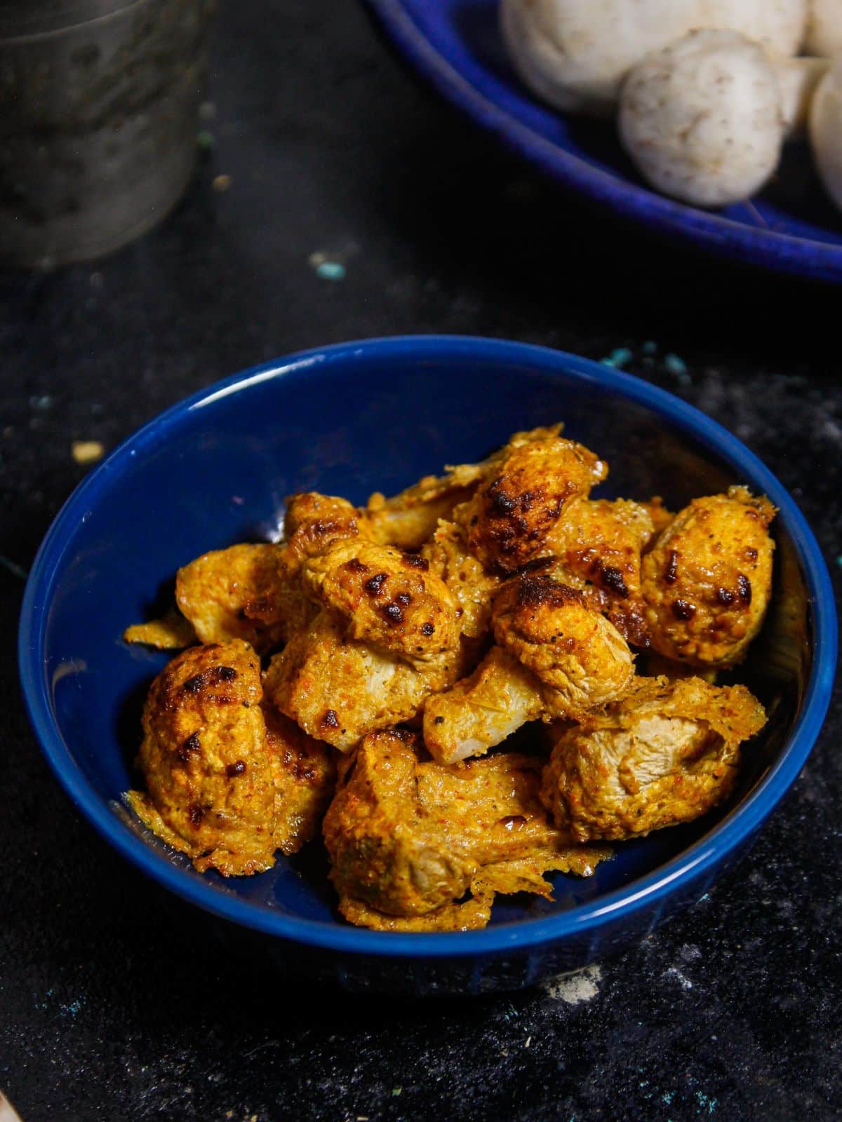 Crunchy Air Fried Tandoori Mushrooms with Green Chutney