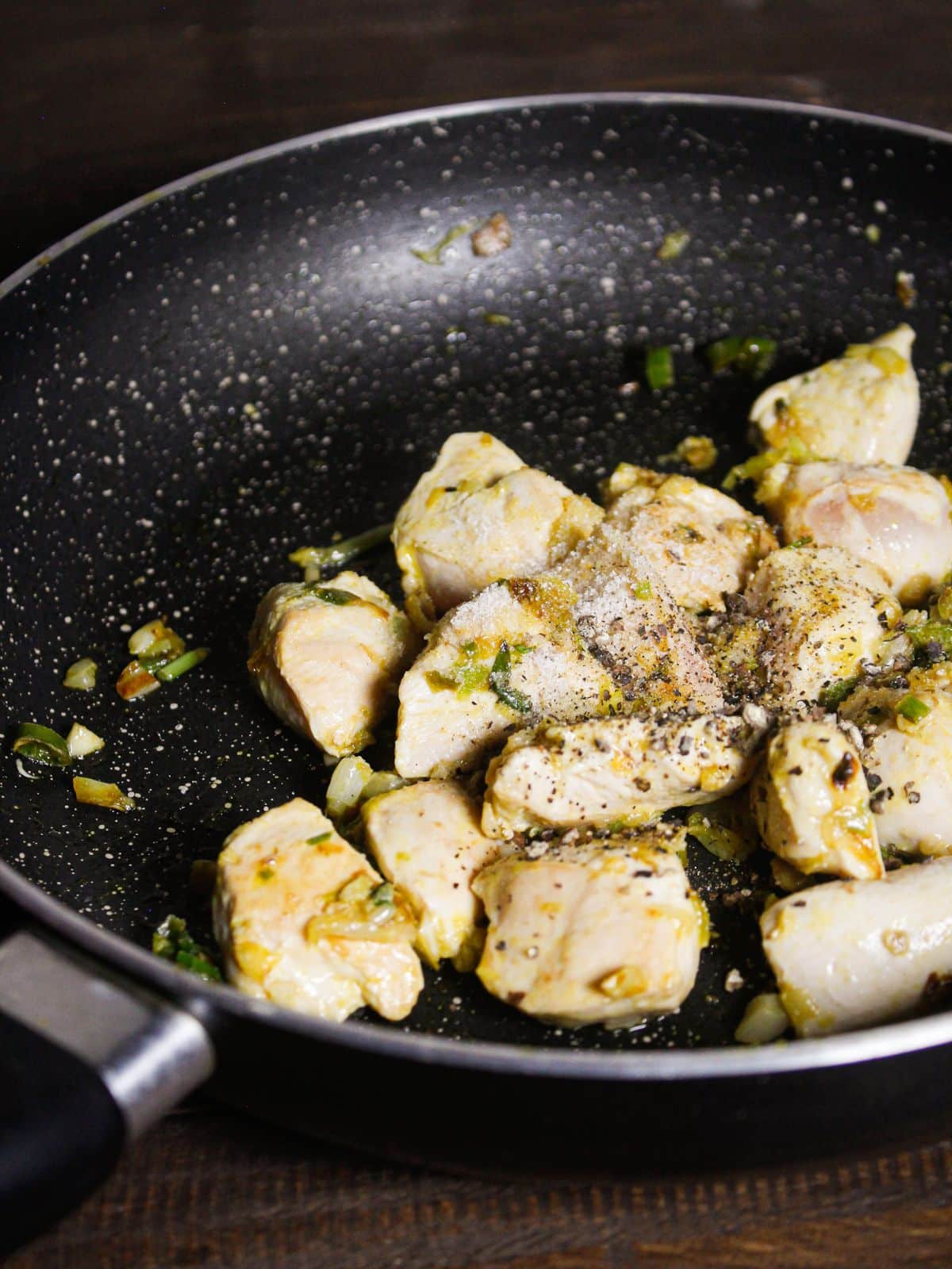 Add salt and black pepper powder to the pan and mix well