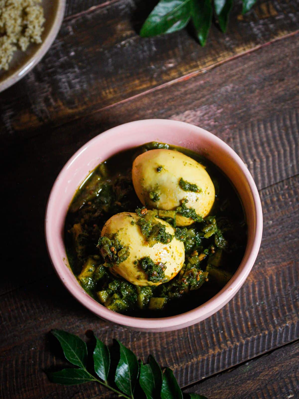 Top view image of Egg Curry with Curry Leaves Puree