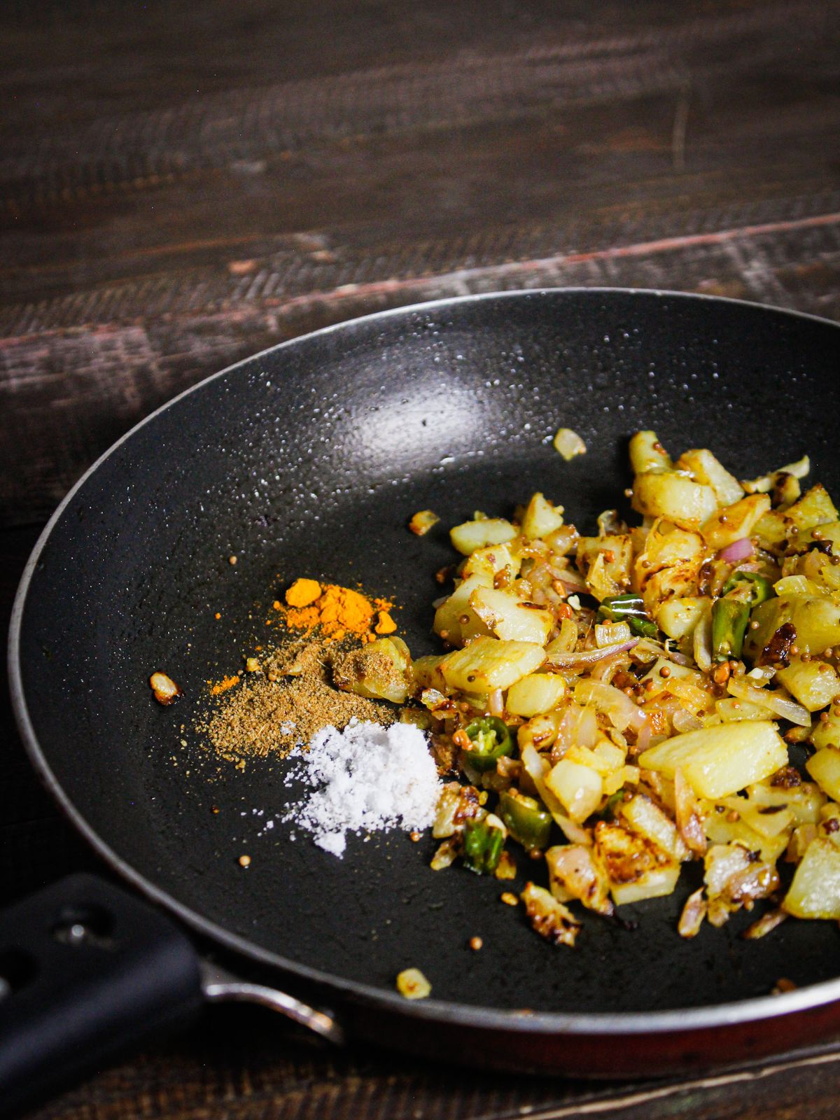 Add powdered spices to the pan and mix well