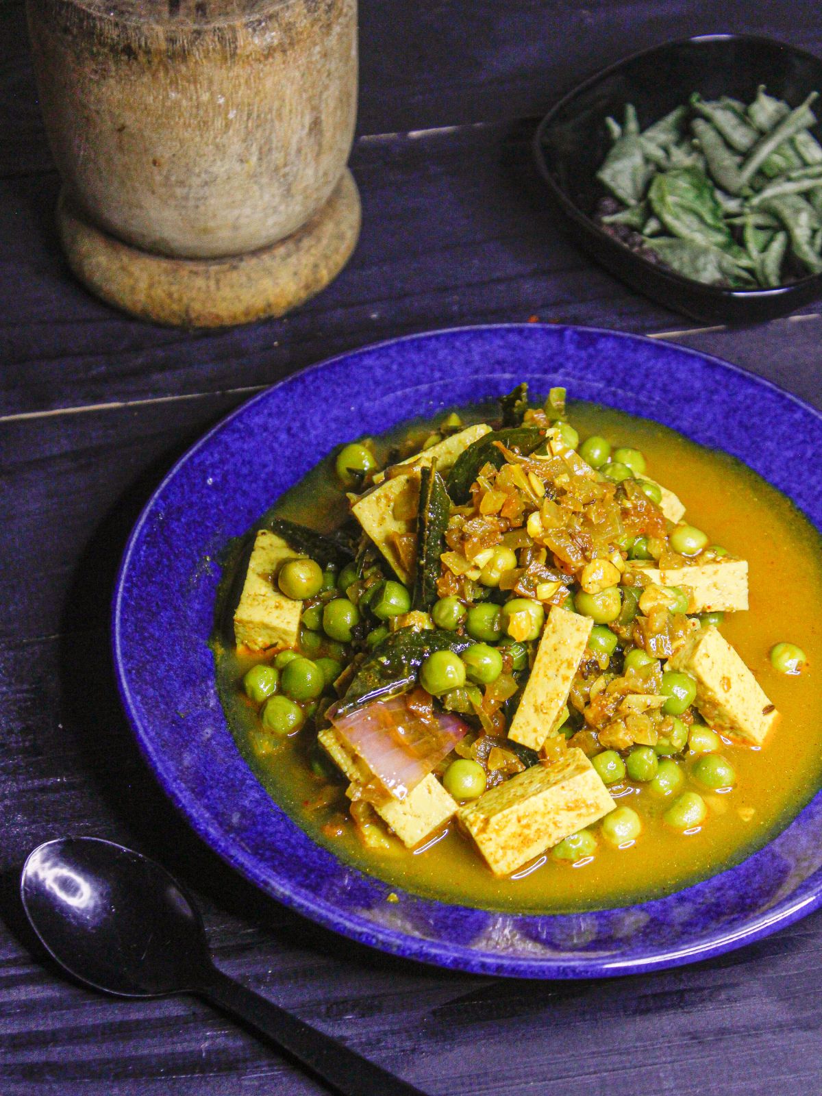 Hot Instant Pot Tofu Masala served in a blue plate 