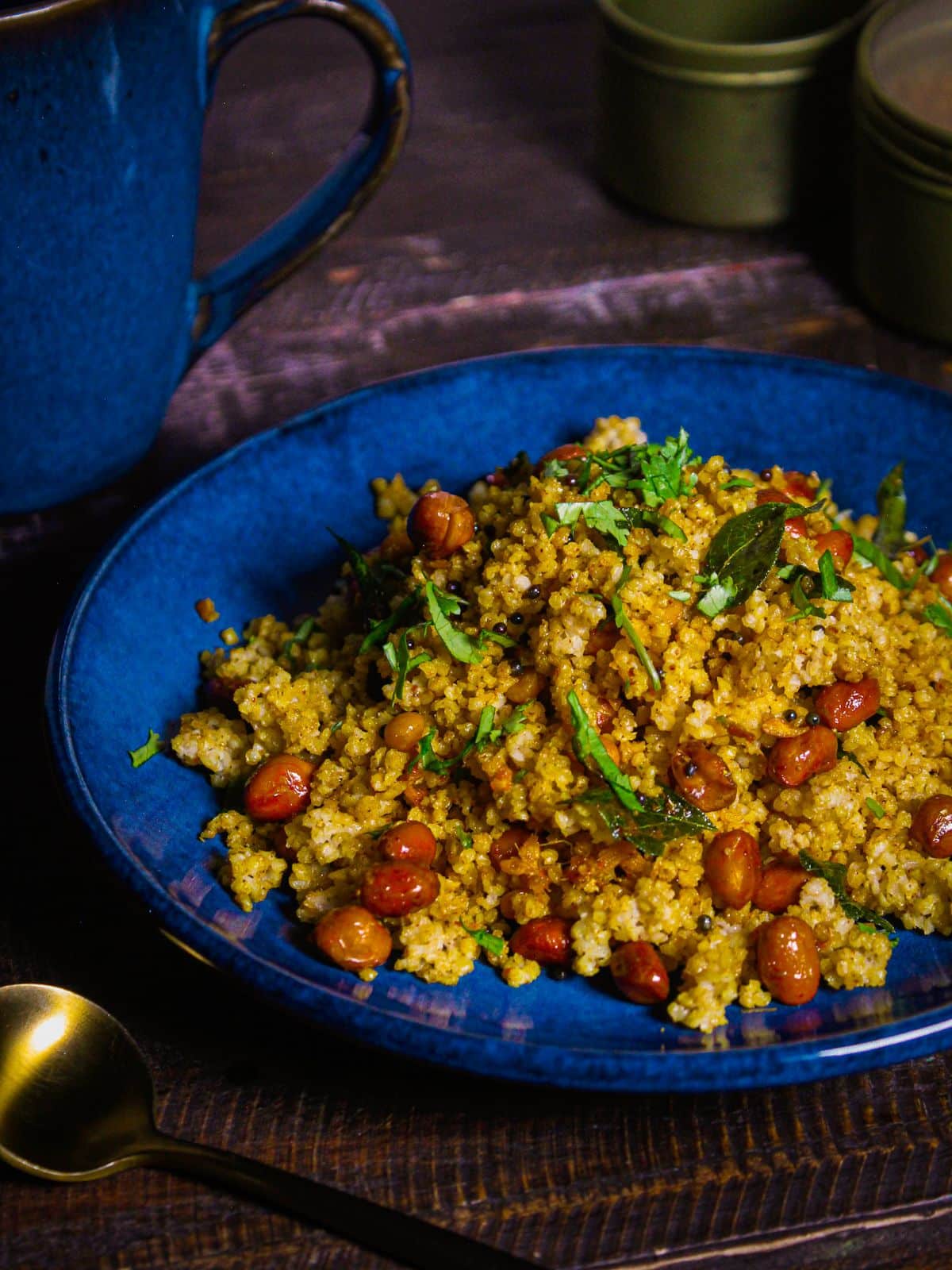 Delicious and tasty Lemony Foxtail Millet Salad served on a blue plate 