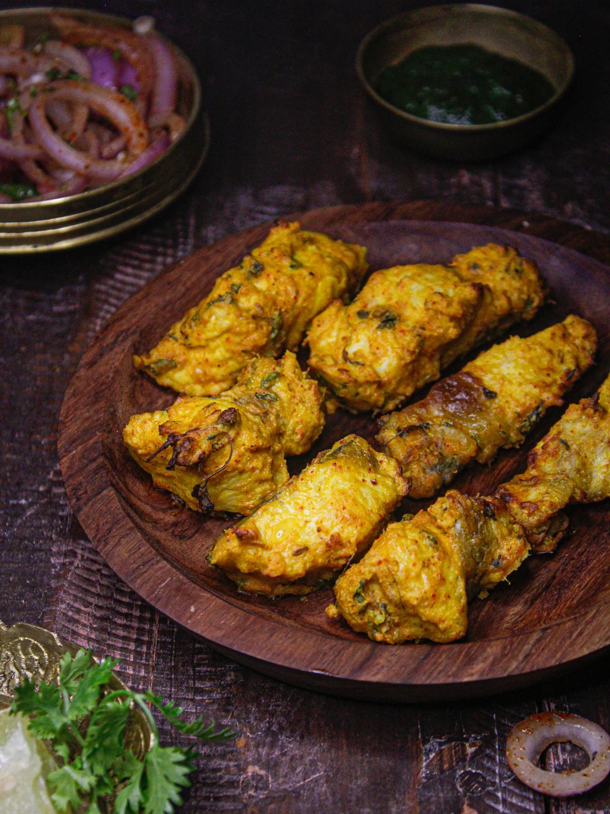 Enjoy Air Fried Amritsari Fish with Onion Salad and Green Chutney