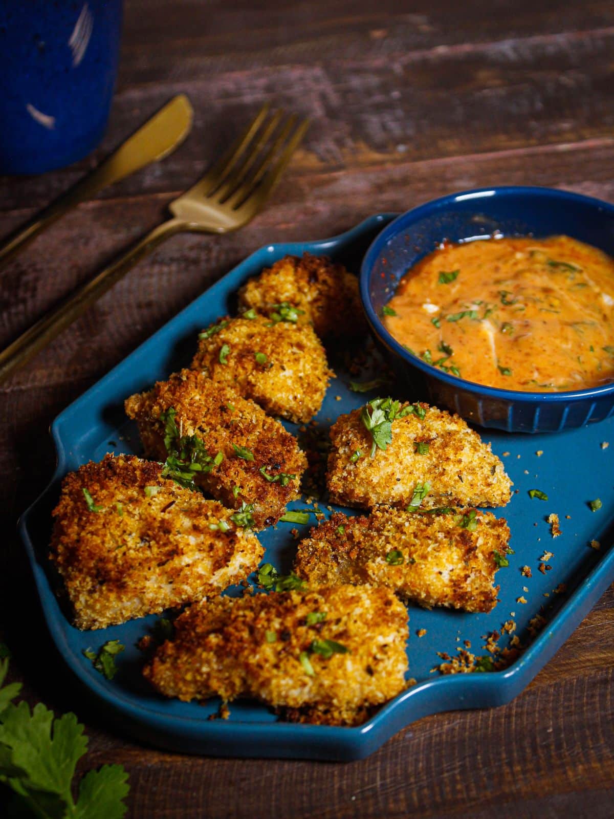 Crunchy and delicious Air Fried Crumbed Fish with Mayo Dip ready to enjoy 