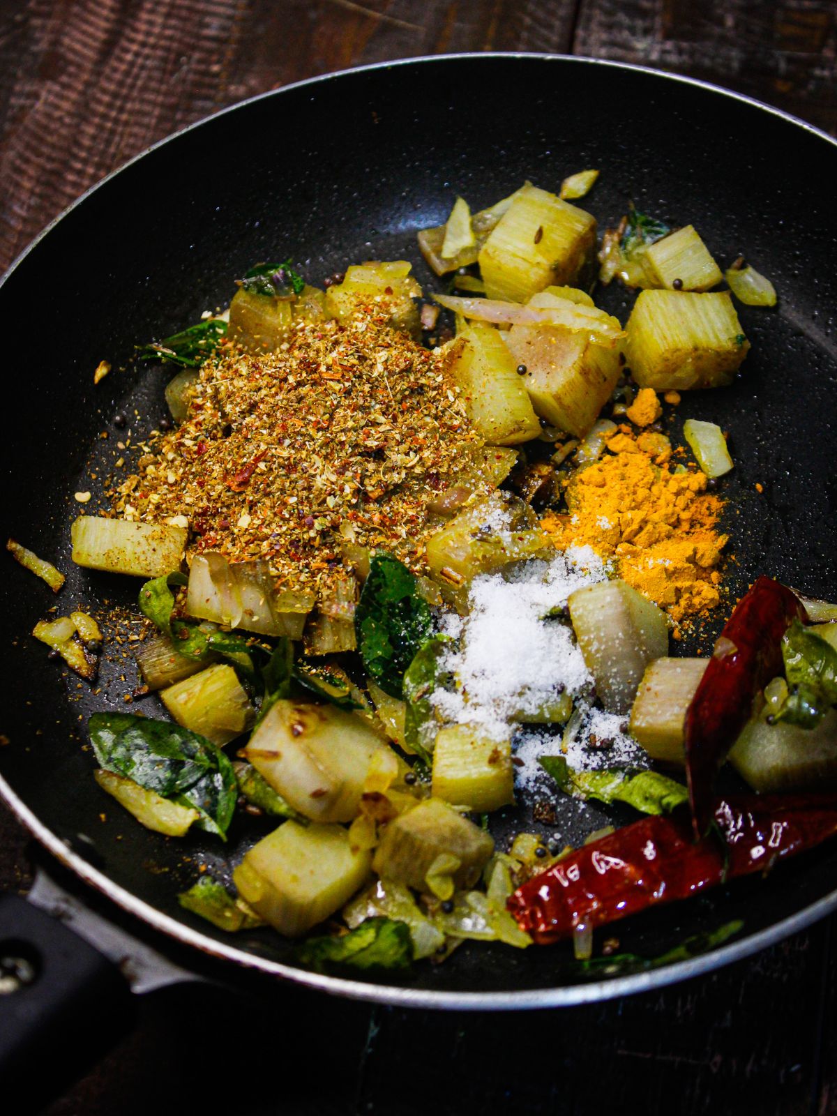 Add powdered spices to the pan and mix well