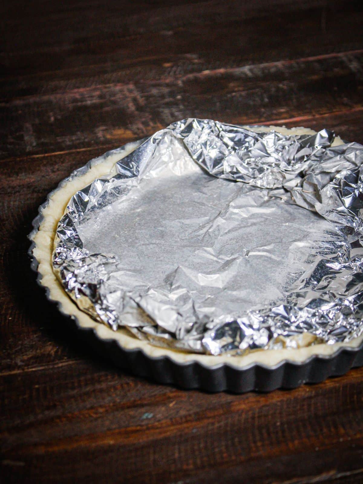 Make circular shaped aluminum foil over the crust for baking  