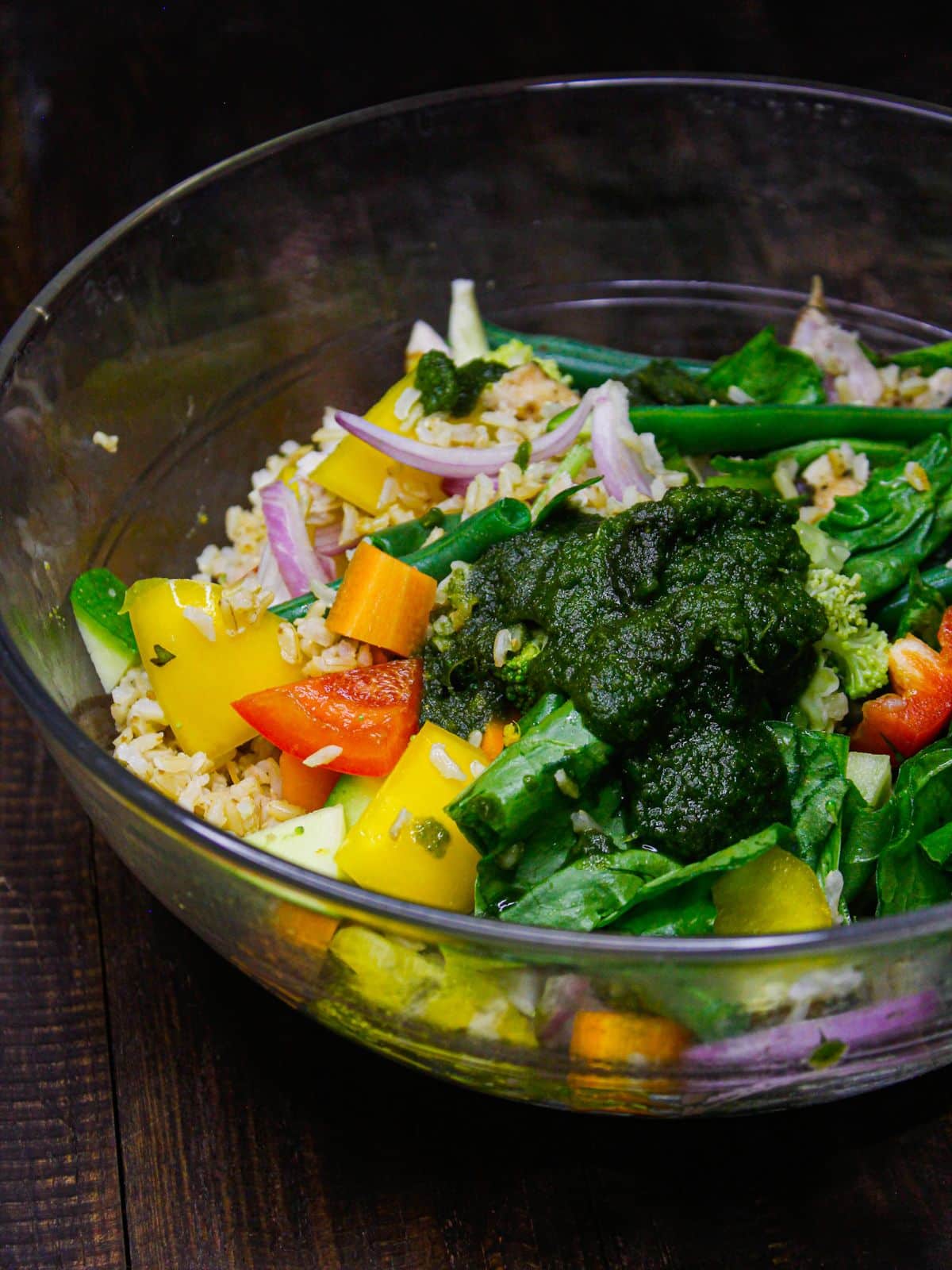 Pour the dressing over the salad and mix well